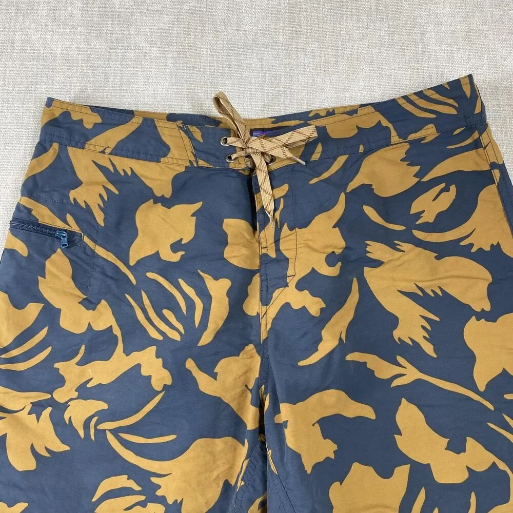 Patagonia Board Shorts Mens 35 Blue Brown Floral Print Drawstring Surf Quick Dry